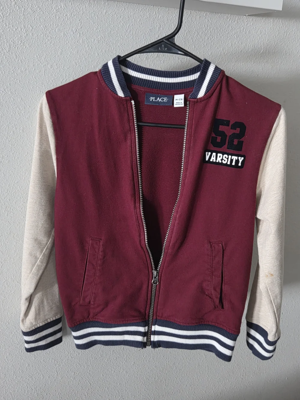The Children's Place Maroon and Cream Varsity Zip Jacket